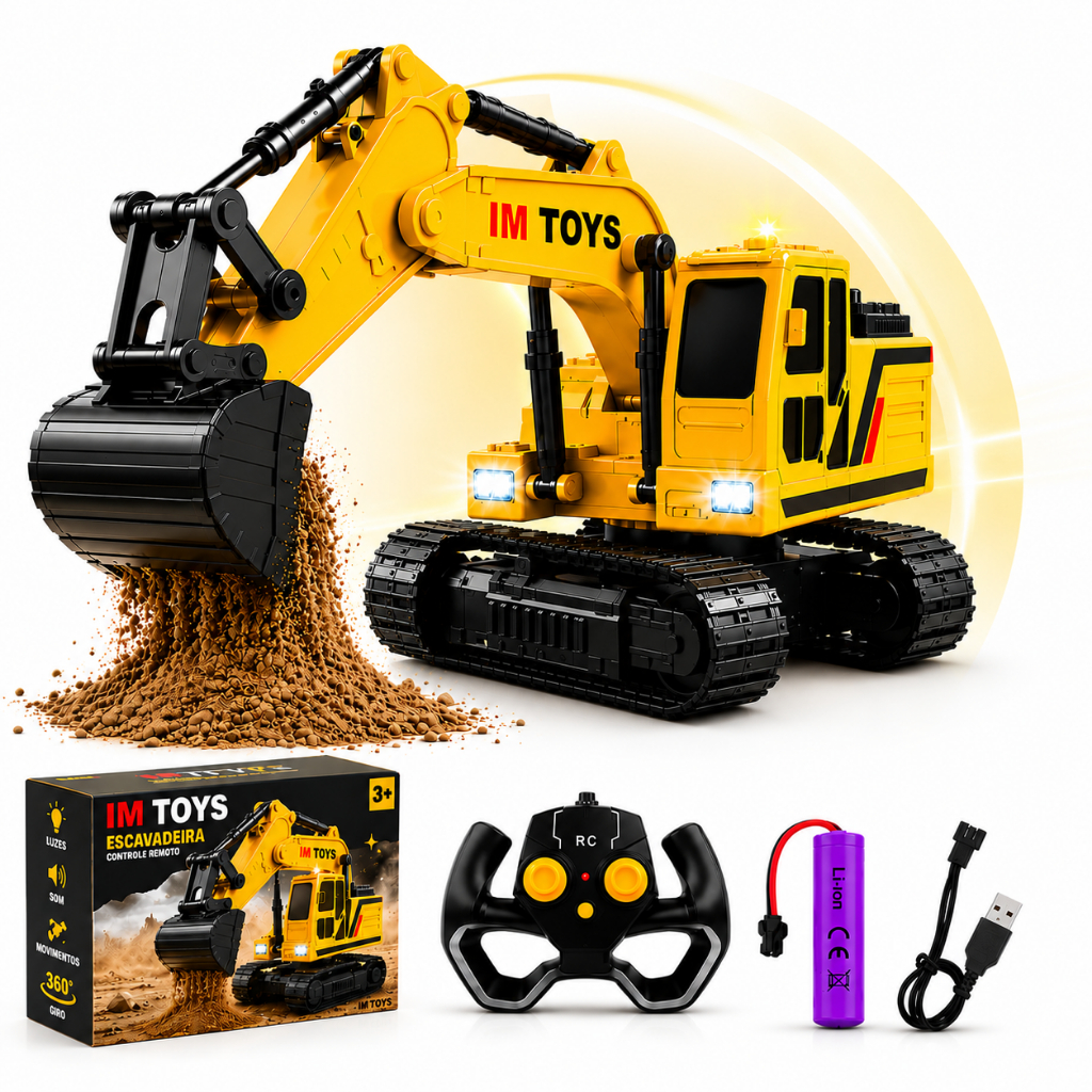 Escavadeira RC Articulada Controle Remoto 2.4GHz Escava de Verdade Recarregável Infantil