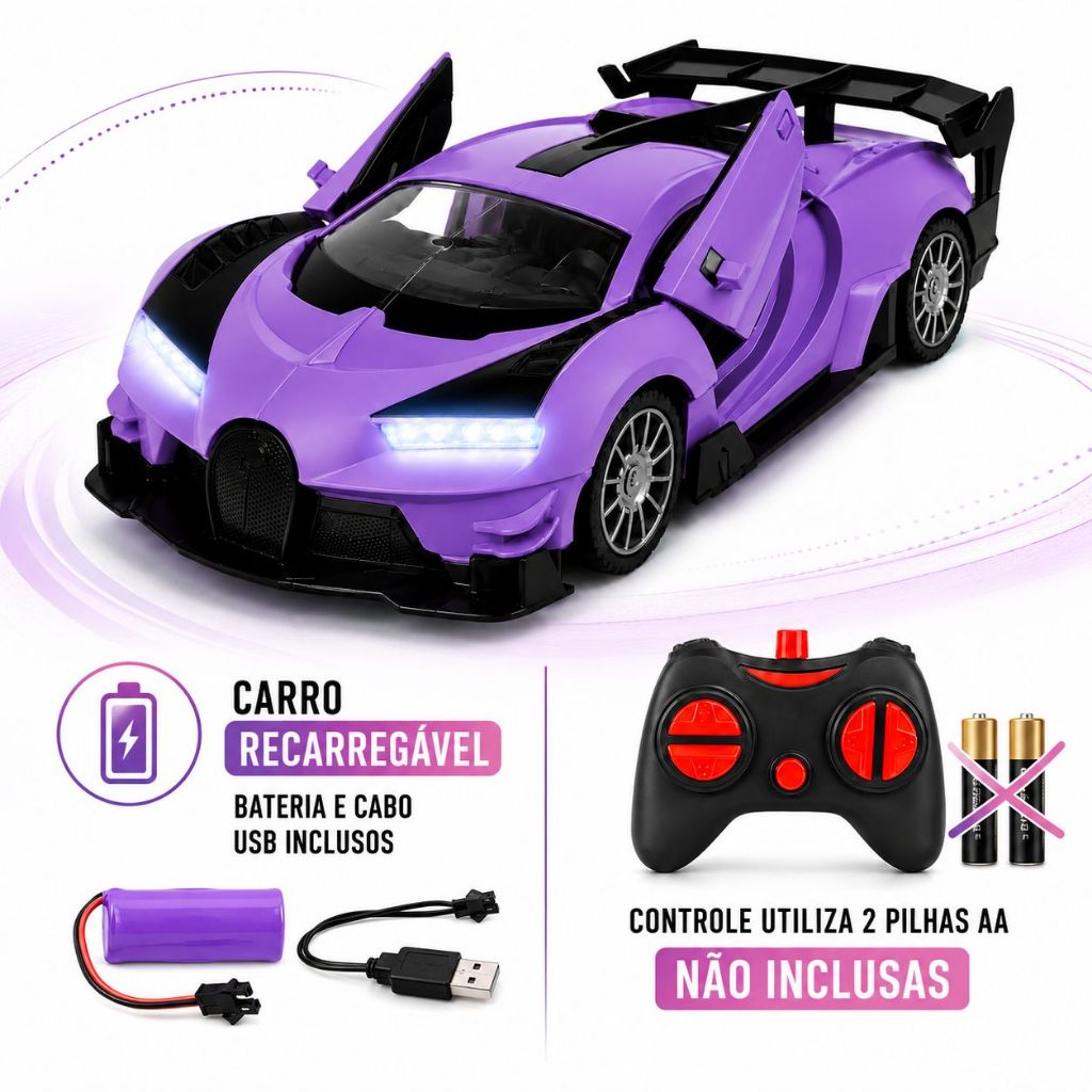 Carro de Controle Remoto Infantil Recarregável com Luz LED e Portas Articuladas — imagem 2 de 2
