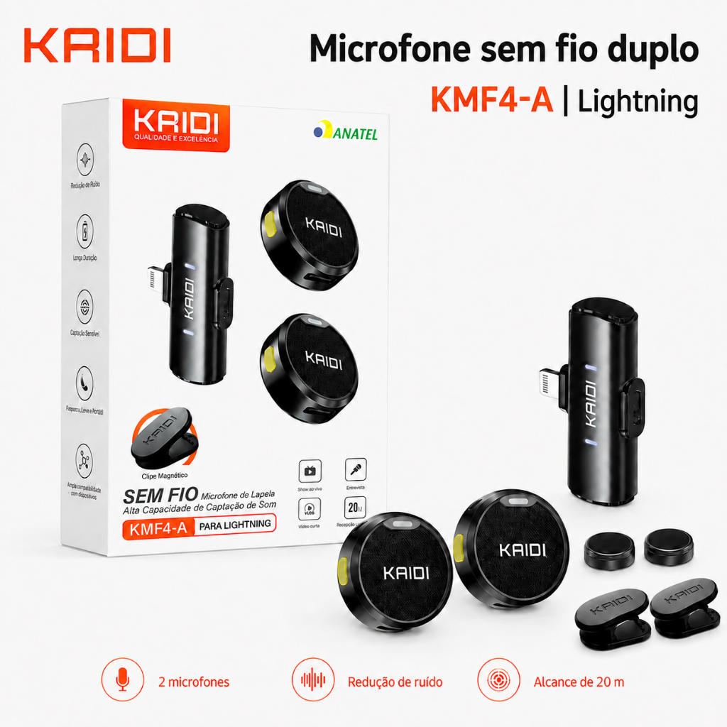 Microfone de Lapela Sem Fio Duplo Kaidi KMF4-A para iPhone Lightning Magnético Redução de Ruído 20m