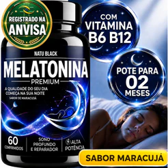 Melatonina Premium Triptofano com Vitamina B6 B12 Original Sabor Maracujá Pote Para 02 Meses 1000mg