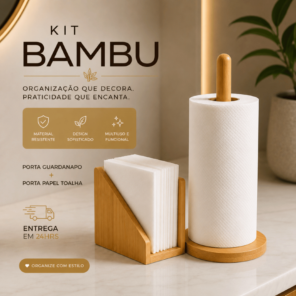 Kit Bambu Porta Guardanapo + Suporte de Papel Toalha Grande para Mesa Bancada Cozinha Porta Rolo