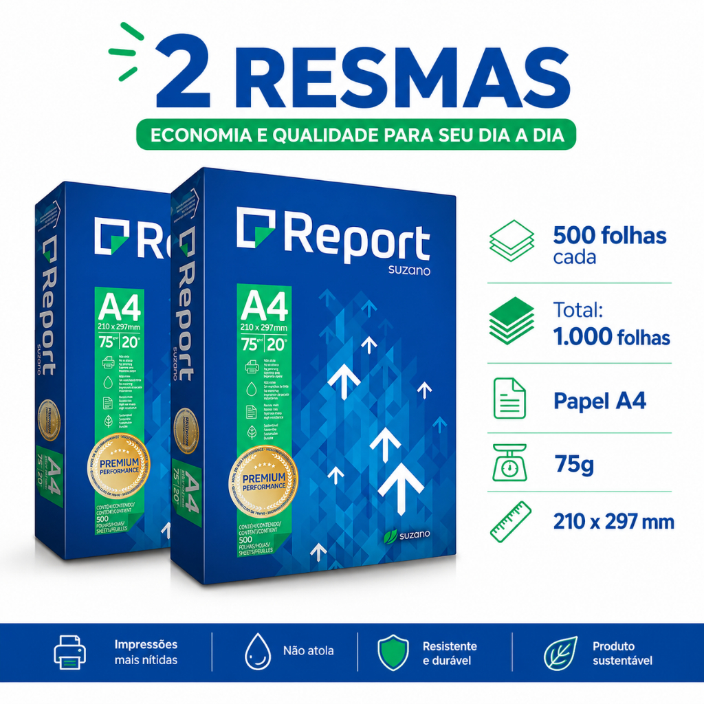 Papel Sulfite A4 Report Suzano 75g 500 Folhas 1 ou 2 Resmas 210x297mm