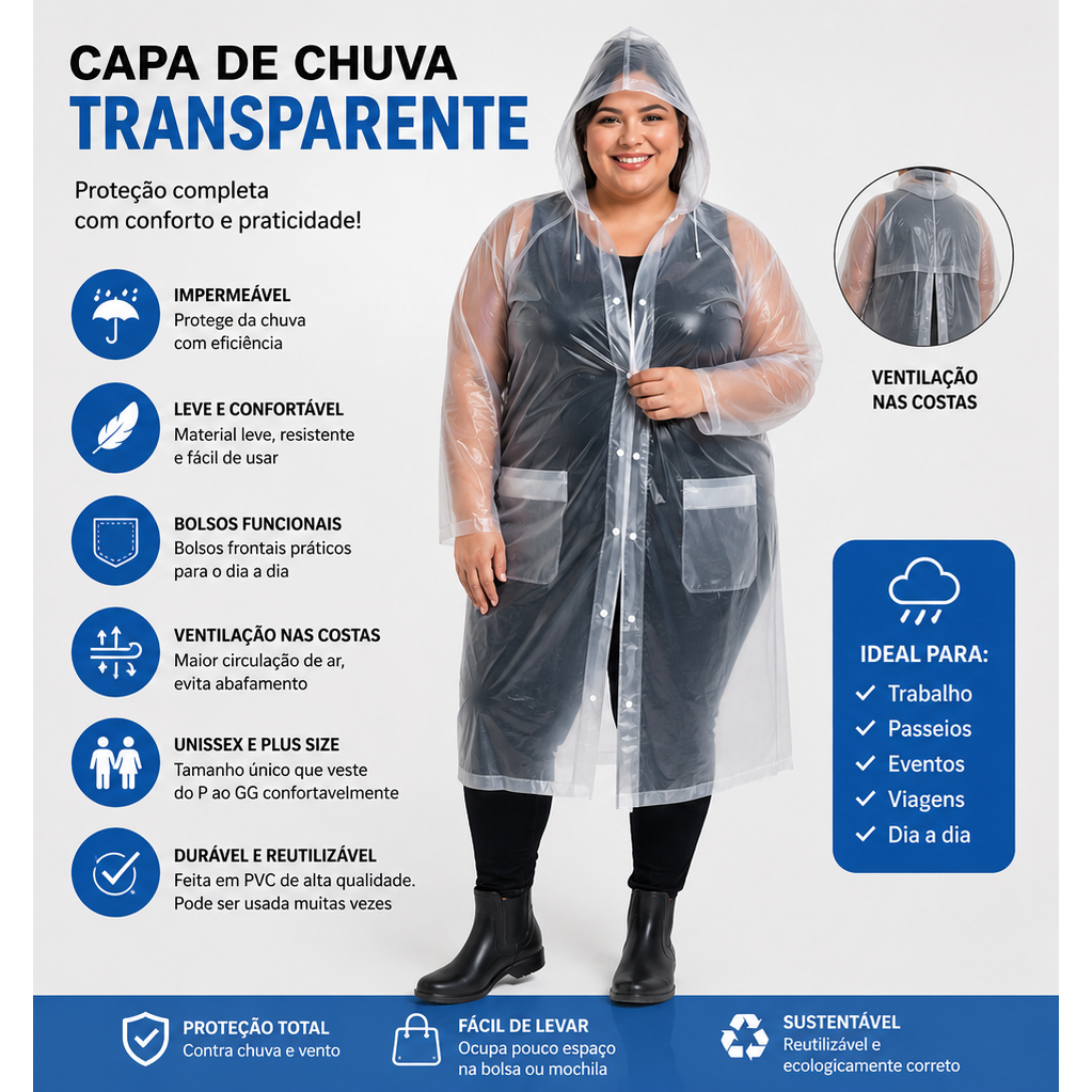 Capa De Chuva Capuz Com Bolsos Transparente Reforçado Pvc G plus size unissex impermeavel resistente — imagem 2 de 2