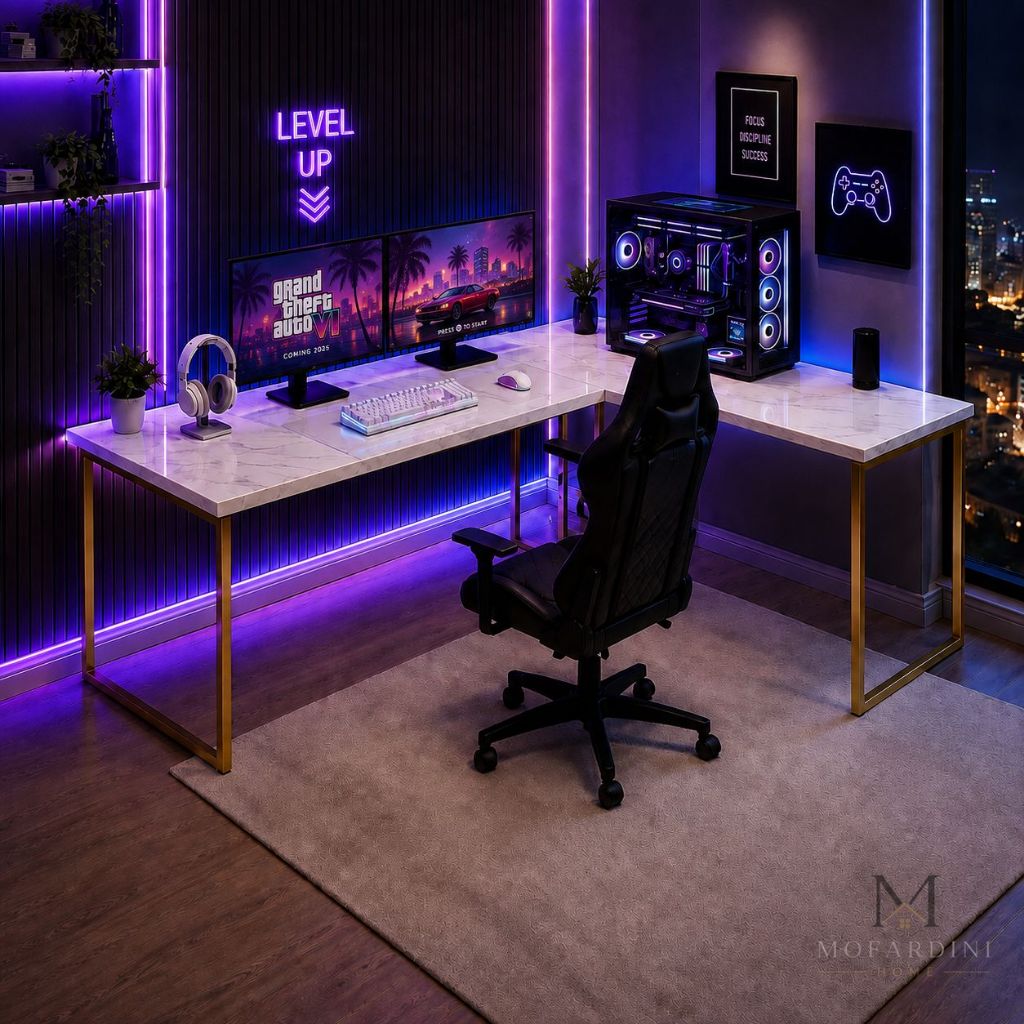 Mesa Gamer Industrial de Canto Em L Escrivaninha Ferro E Madeira 120CM Escritorio - Pes Dourado - OFERTA RELÃMPAGO