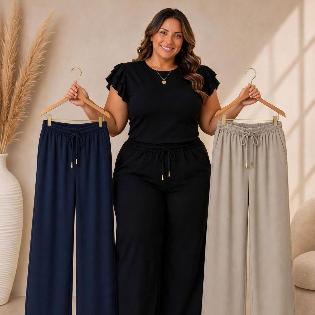 Kit 3 Calças Pantalona Feminina Duna Plus Size Cintura Alta Com Elástico Bolso e Amarração – Conforto e Elegância