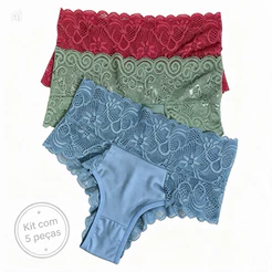 kit 5 Calcinhas Marcella Cintura alta Renda conforto Mulher Feminina