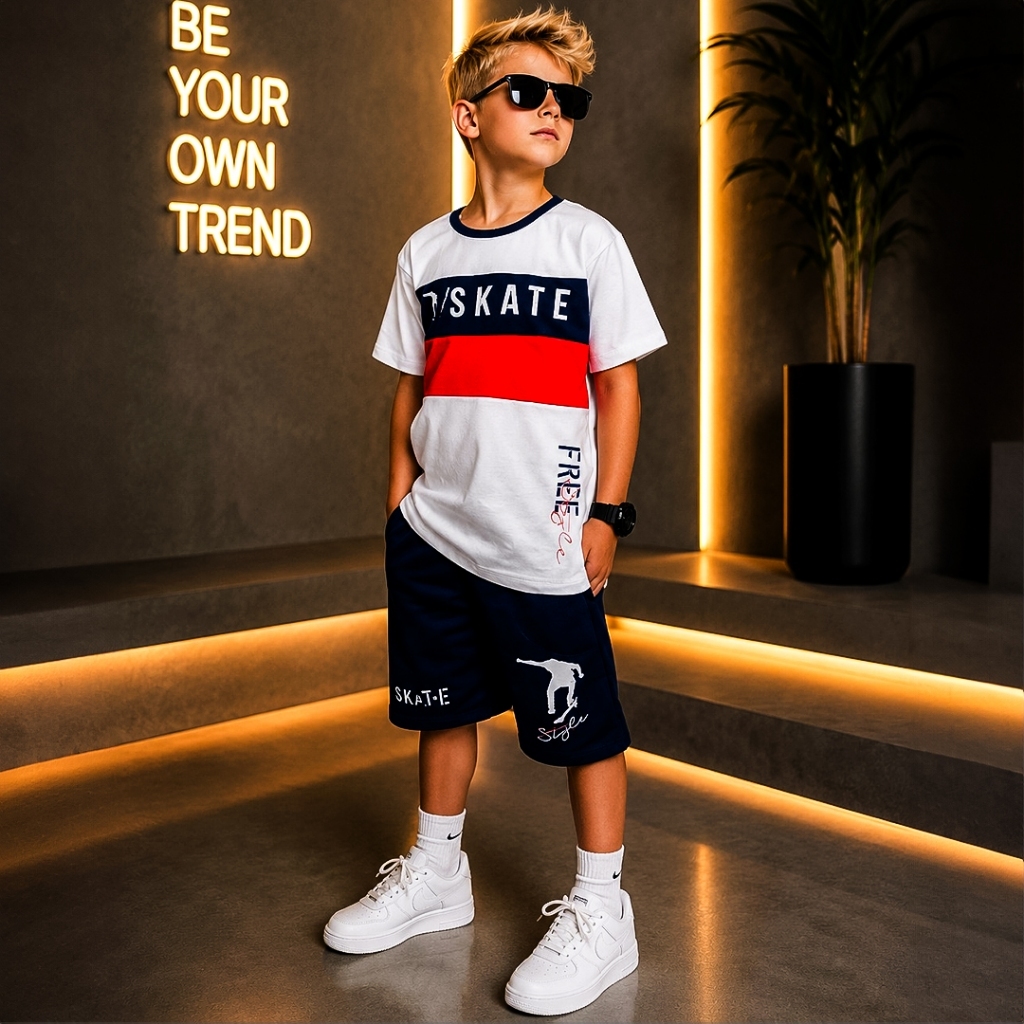 Conjunto Infantil Menino Juvenil Verão Estiloso bermuda e Blusa 100% algodão Veste Do 2 até 12 anos