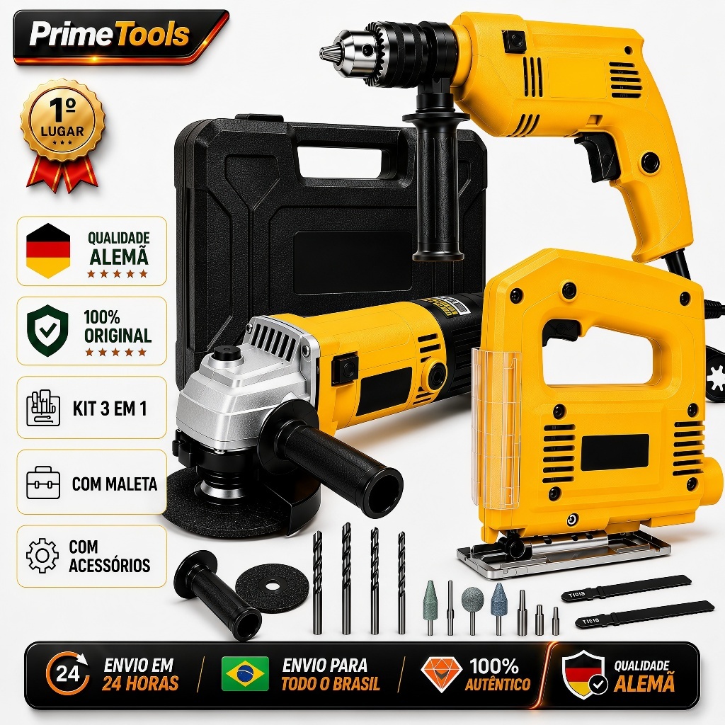 Kit 3 em 1 Furadeira de Impacto 1100W + Esmerilhadeira Angular 1200W + Serra Tico-Tico 950W com Maleta