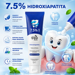 Kit com 5 Unidades Viva Belle Pasta de Dente 7,5% Hidroxiapatita, Brilho Natural, Sabor Menta 120g