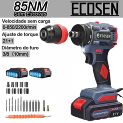 Parafusadeira Furadeira 21V Sem Escovas Leve e Potente - Kit com 2 Baterias, 85N.m Torque, 2200RPM