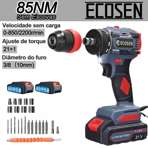 Parafusadeira Furadeira 21V Sem Escovas Leve e Potente - Kit com 2 Baterias, 85N.m Torque, 2200RPM