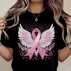 Camiseta Feminina Outubro Rosa Asas Laço Rosa Campanha Algodão Premium