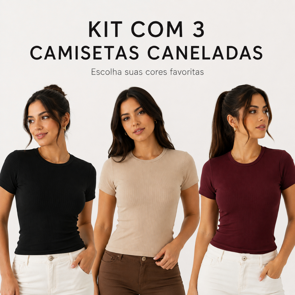 Kit 3 Camiseta Manga Curta Feminina Canelada Baby Look Básica Casual Academia