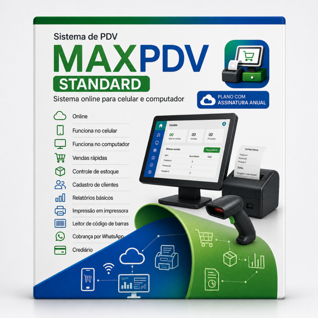 Sistema de Vendas e Gestão de Estoque, Compras, Carnê, Loja, PDV e Controle de Vendas a Prazo Standard 12 Meses
