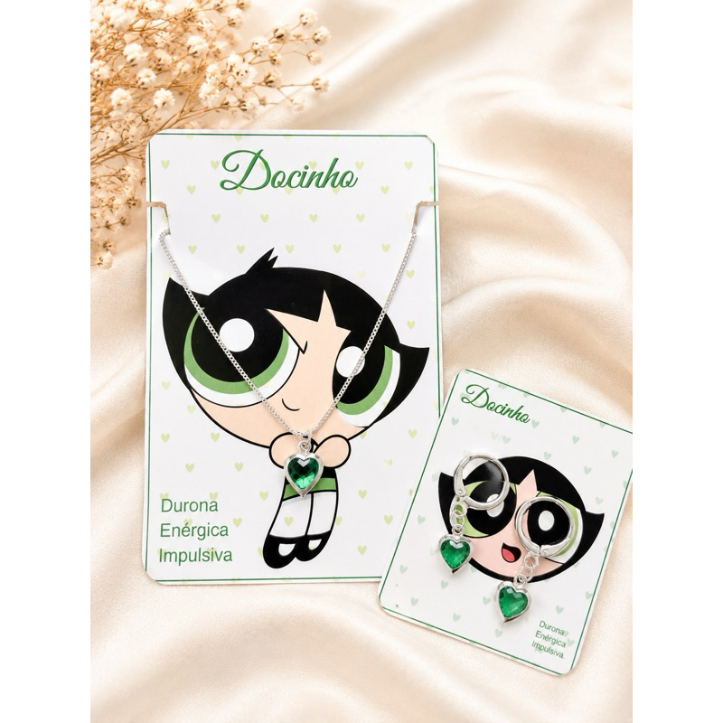 Conjunto Infantil Docinho Meninas Superpoderosas – Colar e Brinco Banhado a Prata 925 Presente Dia das Crianças