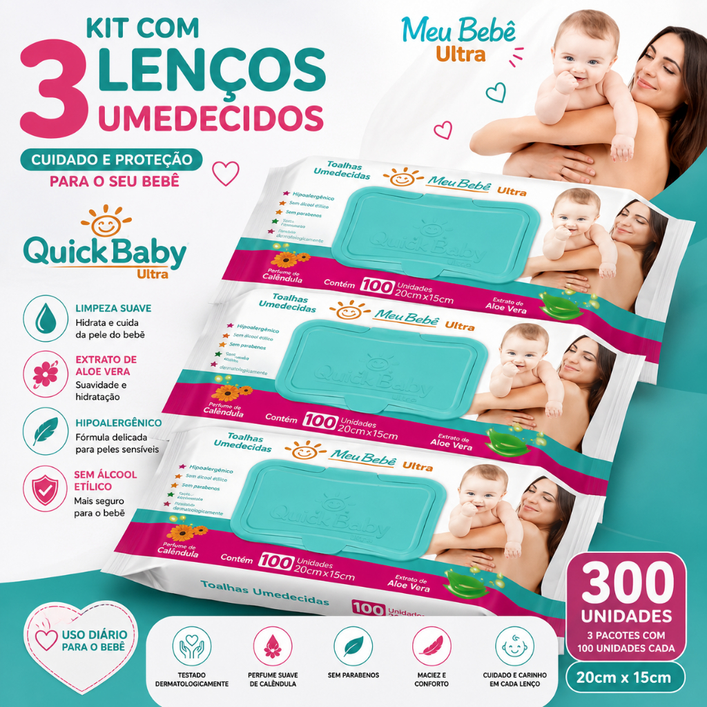 Kit com 3 Pacotes de Lenços Umedecidos Meu Bebê Ultra – 100 Unidades Cada