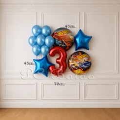 Kit 12 Balão Metalizado 2 HOT WEELS + 7 Bexiga AZUL N° 70cm VERMELHO + 2 Estre AZUL 45CM ANIVERSÁRIO