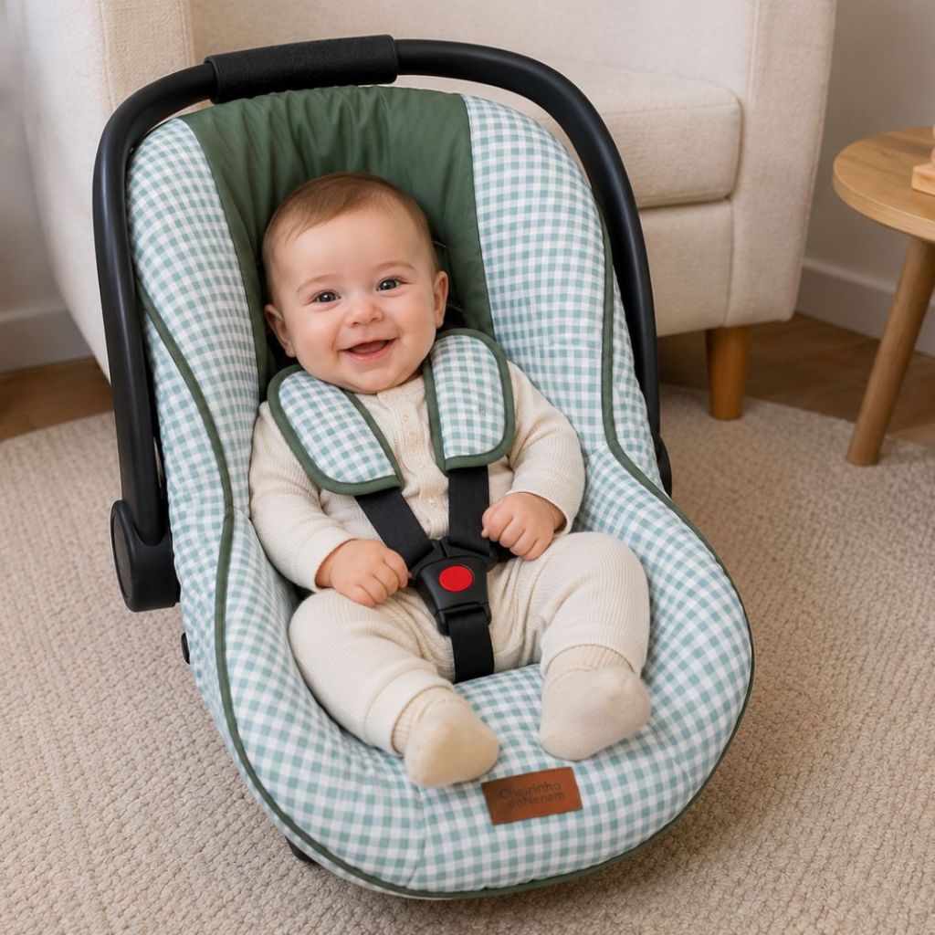 Capa De Bebê Conforto C/ Protetor De Cinto Xadrez 100% Algodão - 03 Peças