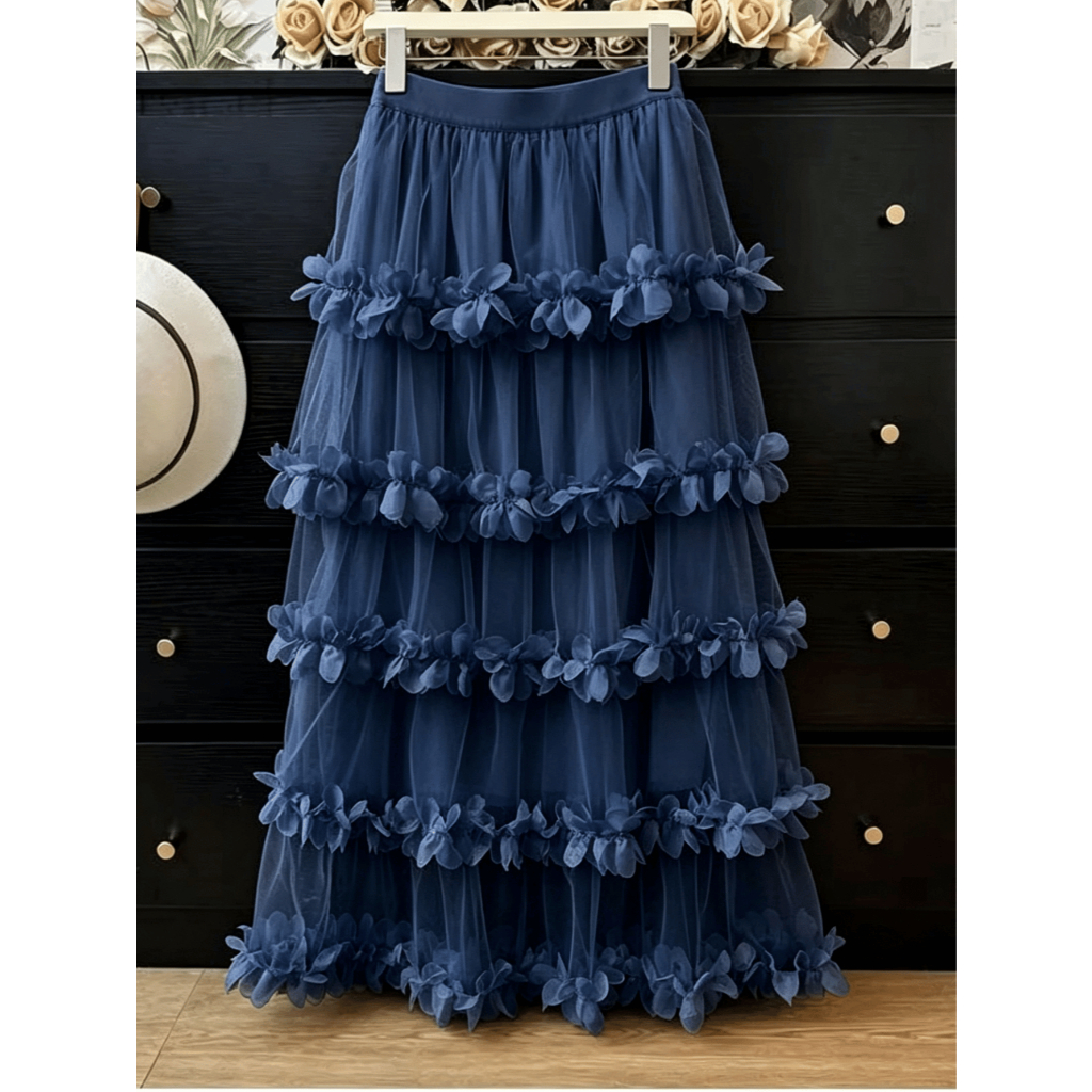 Saia Estilosa 3D de Tule Com Camadas de Flores Moda Feminina