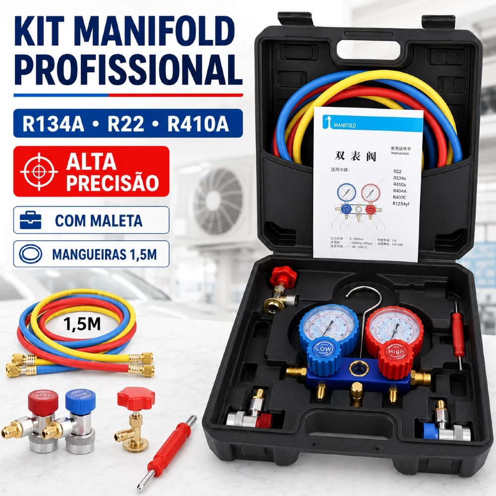 Kit Manifold Ar Condicionado Automotivo R134a R410a R22 Alta Precisão Antichoque com Maleta