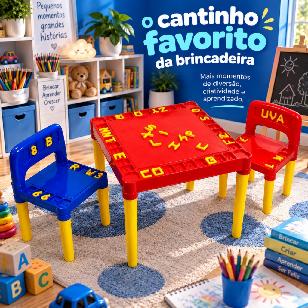 Mesa Infantil Plástico Mesinha Educativa Didática 2 Cadeiras Com Letras e Números