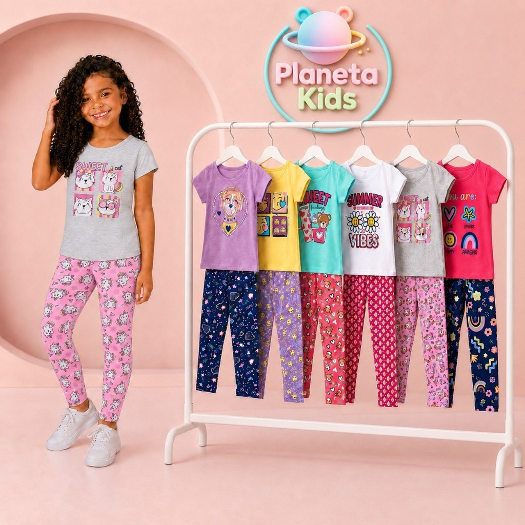 Kit 8 Peças Infantil Juvenil Menina Camiseta e Legging Feminino Roupa Infantil