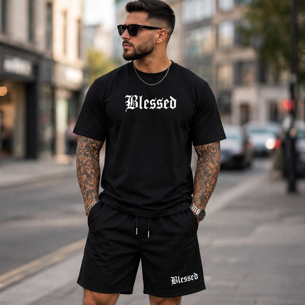 Conjunto Masculino Camiseta e Bermuda Mauricinho Blessed Streetwear Casual Estilo Urbano Confortável