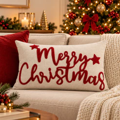 Capa De Almofada Retangular Linho com Boucle Natalino Decoração Enfeite Natal Baguete Merry Christimas 30x50cm