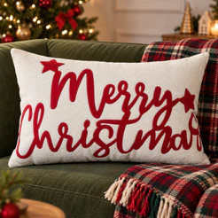 Capa de Almofada Natalina Retangular Veludo Boucle Decoração de Natal Baguete Merry christimas Family 30x50cm