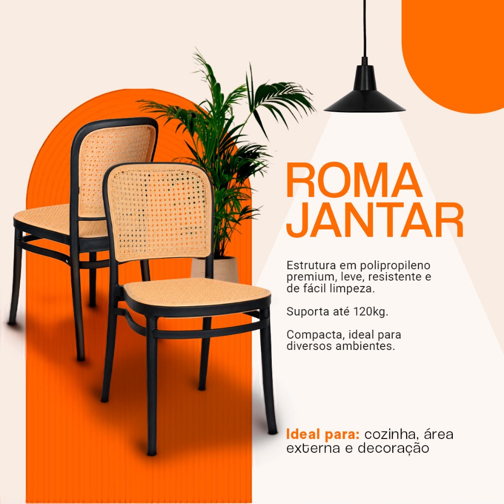 Kit 4 Cadeiras Roma em Polipropileno para Sala de Jantar e Cozinha Design Moderno Preta Suporta até 120kg · foto 2