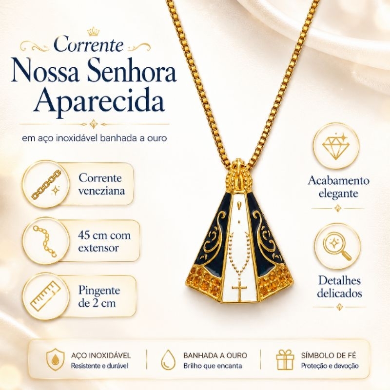 Corrente Nossa Senhora Aparecida Banhada a Ouro Aço Inoxidável Veneziana 40cm com Extensor Pingente 2cm