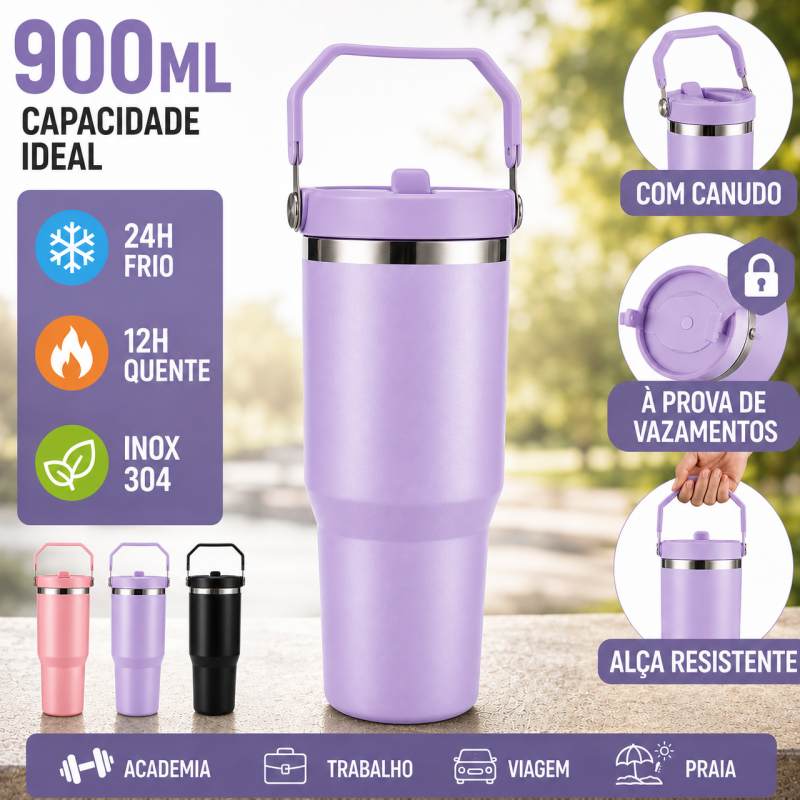 Imagem Garrafa Térmica Inox 900ml com Alça, Tampa Antivazamento, para Academia, Trabalho, Viagem e Bebidas Quentes e Frias