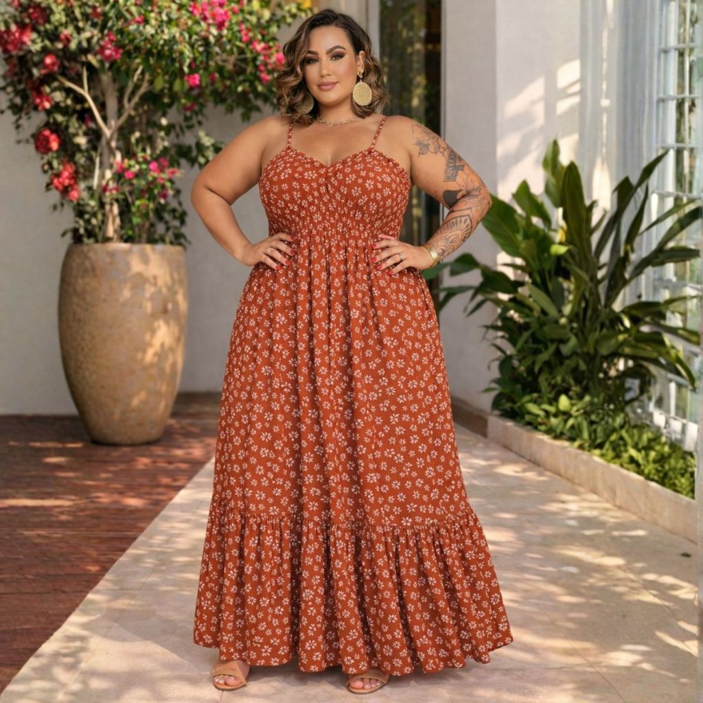 Vestido Longo Lastex Plus Size Alcinha Regulável Elegante Verão Soltinho