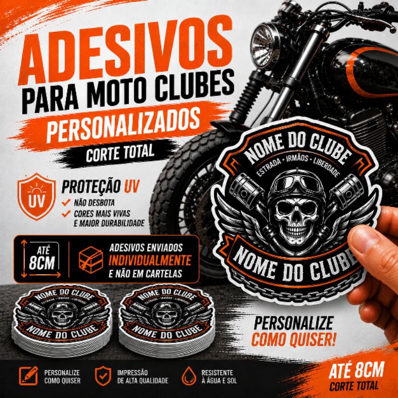 Adesivos Personalizados Moto Clube Corte no formato da arte até 8cm Proteção UV Resistente Sol e Chuva Corte individual