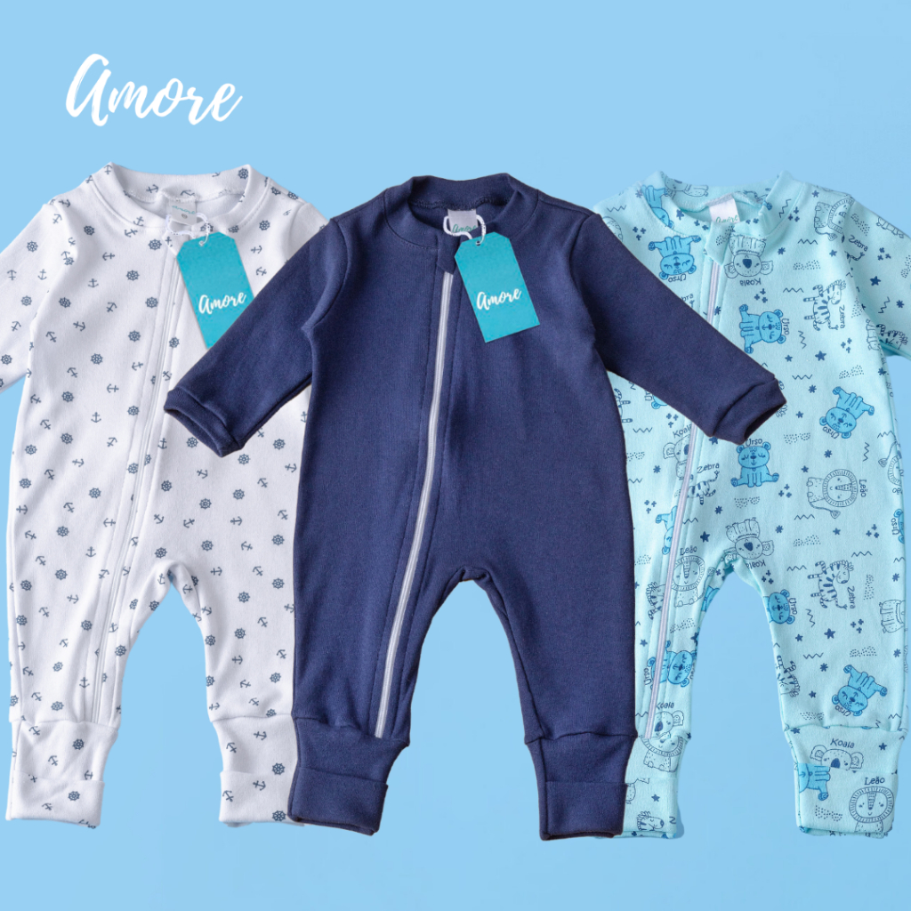 Kit 3 Macacão Roupas Bebê Amore Vira Pé com Zíper Marinheiro 100% Algodão