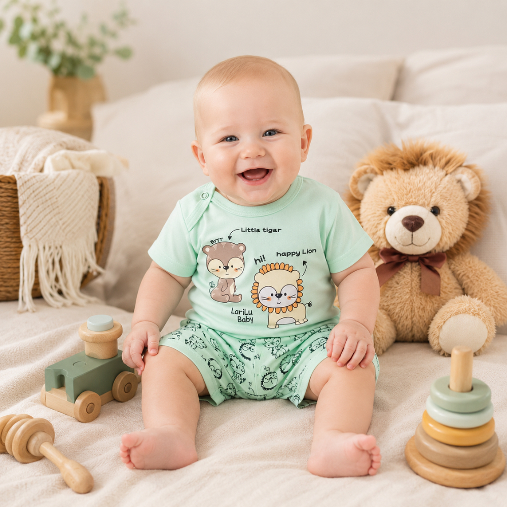 Conjunto Bebê Camiseta  Leão e Ursinho com Short 100% Algodão 2 a 5 Meses Macio e Confortável