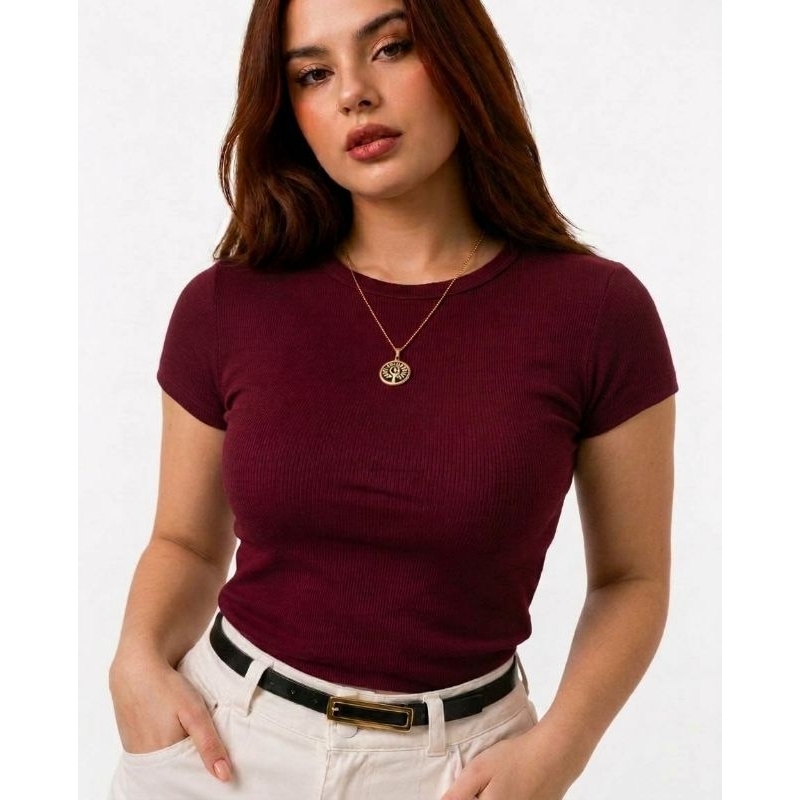 Blusa Baby Look Feminina Ribana Canelada Manga Curta Gola Redonda