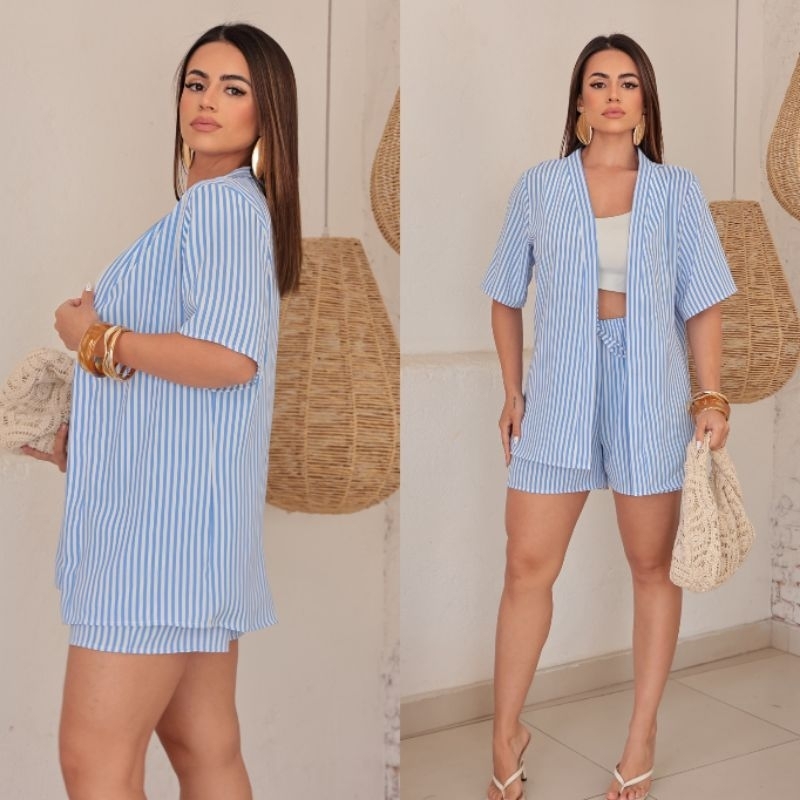 conjunto feminino kimono listrado elegante