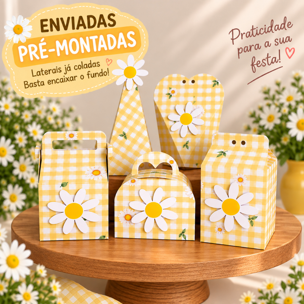 Kit 20 Caixinhas Festa Infantil Margarida Amarela Lembrancinhas aniversário Personalizadas Pré-Montadas