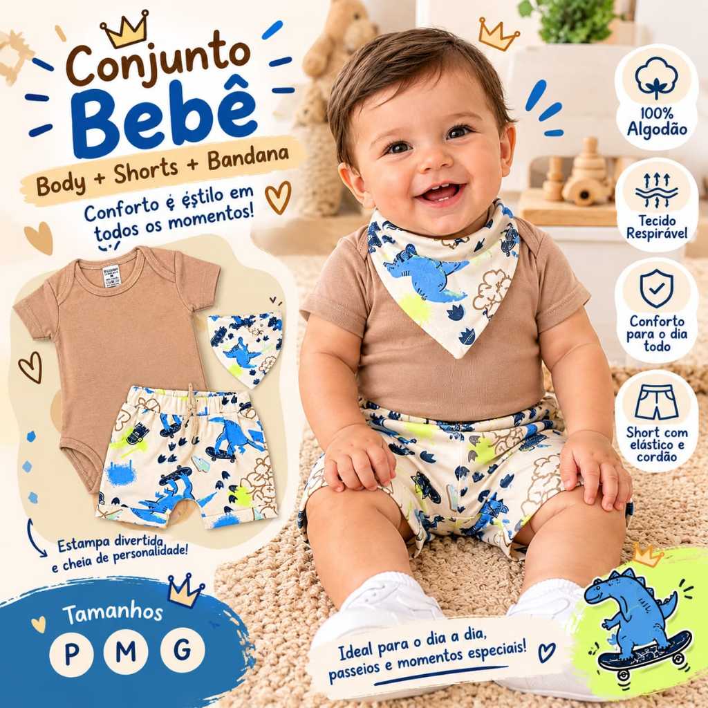 Conjunto Bebê Menino Body + Shorts + Bandana 100% Algodão Estampado Confortável