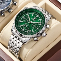 OLEVS Relógio Masculino Cronógrafo Mostrador Verde Pulseira Aço Inoxidável Luminoso Resistente à Água Esportivo 2995