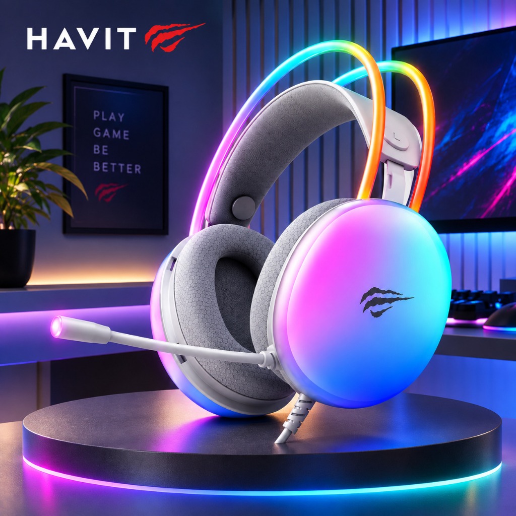 Headset Gamer Havit H2037D RGB Branco Com Microfone P2 Para PC PS4 PS5 Xbox