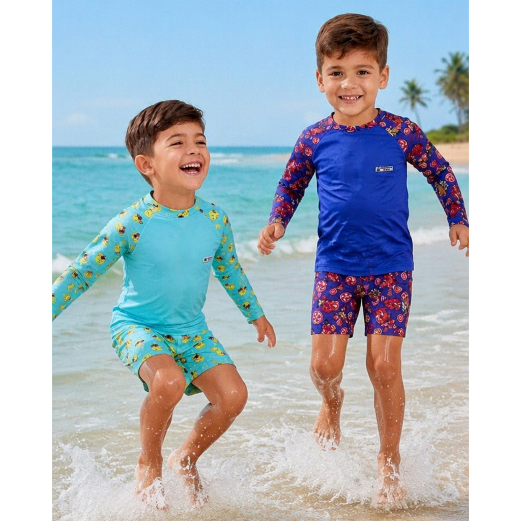 KIT 2 Conjunto Moda Praia Infantil UV 50+ Blusa Manga Longa Proteção Solar + Short Estampado
