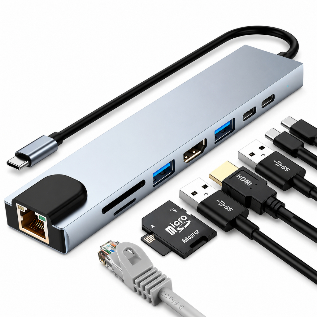 Hub USB-C 8 em 1 Adaptador Tipo C HDMI 4K USB 3.0 RJ45 SD TF PD 100W Docking Station