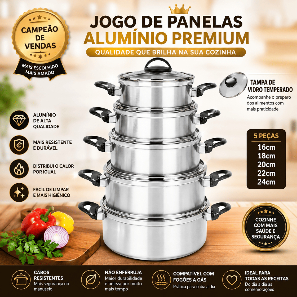 JOGO DE PANELA EXTRA FORTE TAMPA DE VIDRO IMQUEBRÁVEL, ALUMÍNIO GROSSO