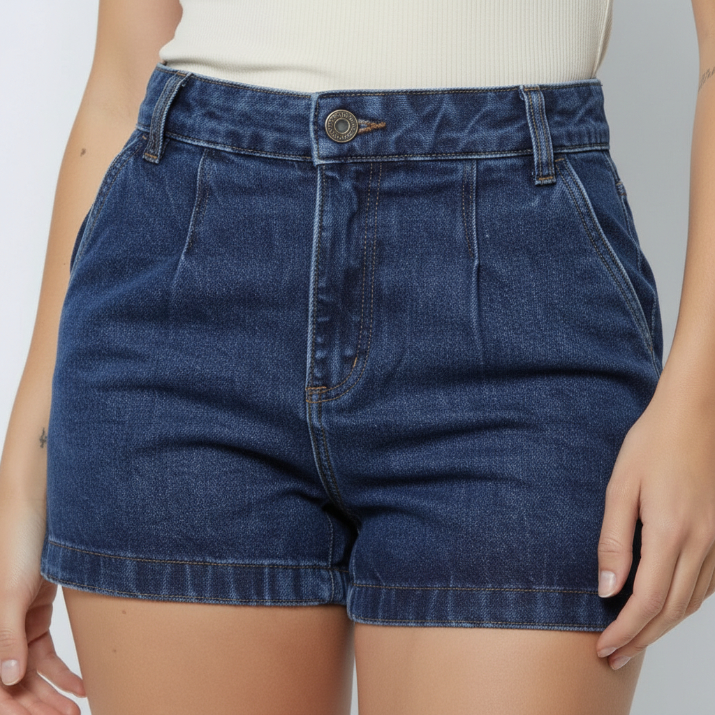 Shorts Jeans Feminino Cintura Alta 100% Jeans Destroyed com Detalhe No Bolso Premium — imagem 2 de 2