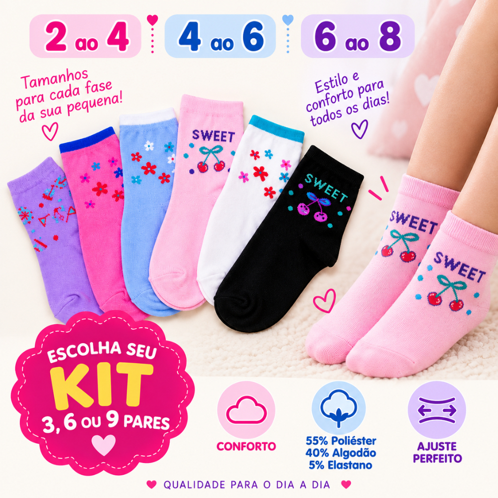 Kit 3,6 ou 9 pares meia infantil menina cano curto algodão estampada (de 2 a 8 anos)