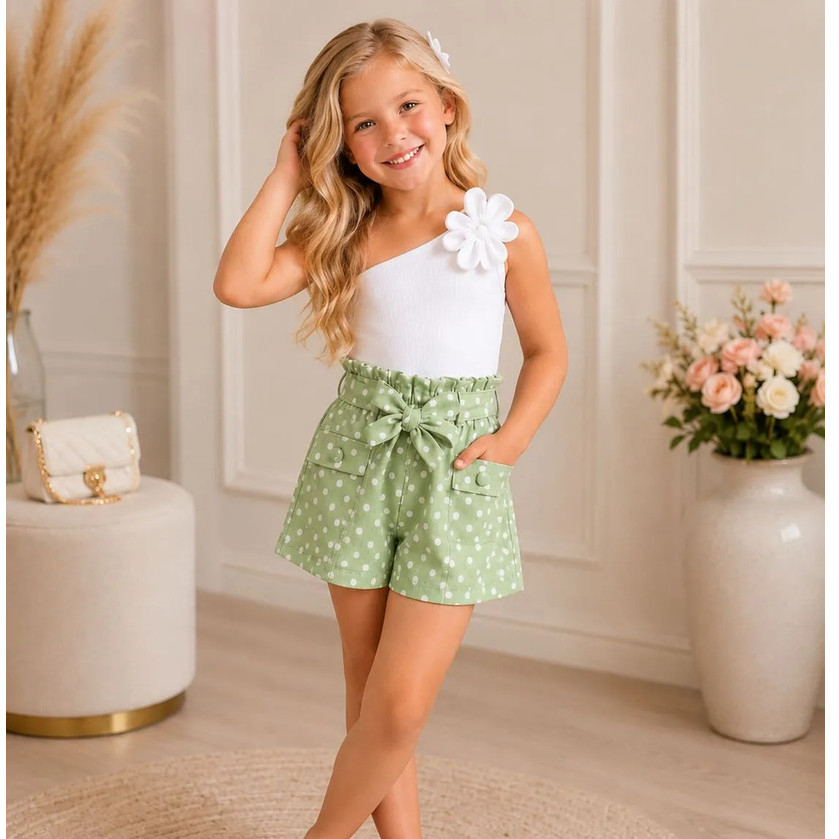 Conjunto Infantil feminno Blusa Flor Short Poá Blogueirinha Luxo bolinhas shorts infantil menina