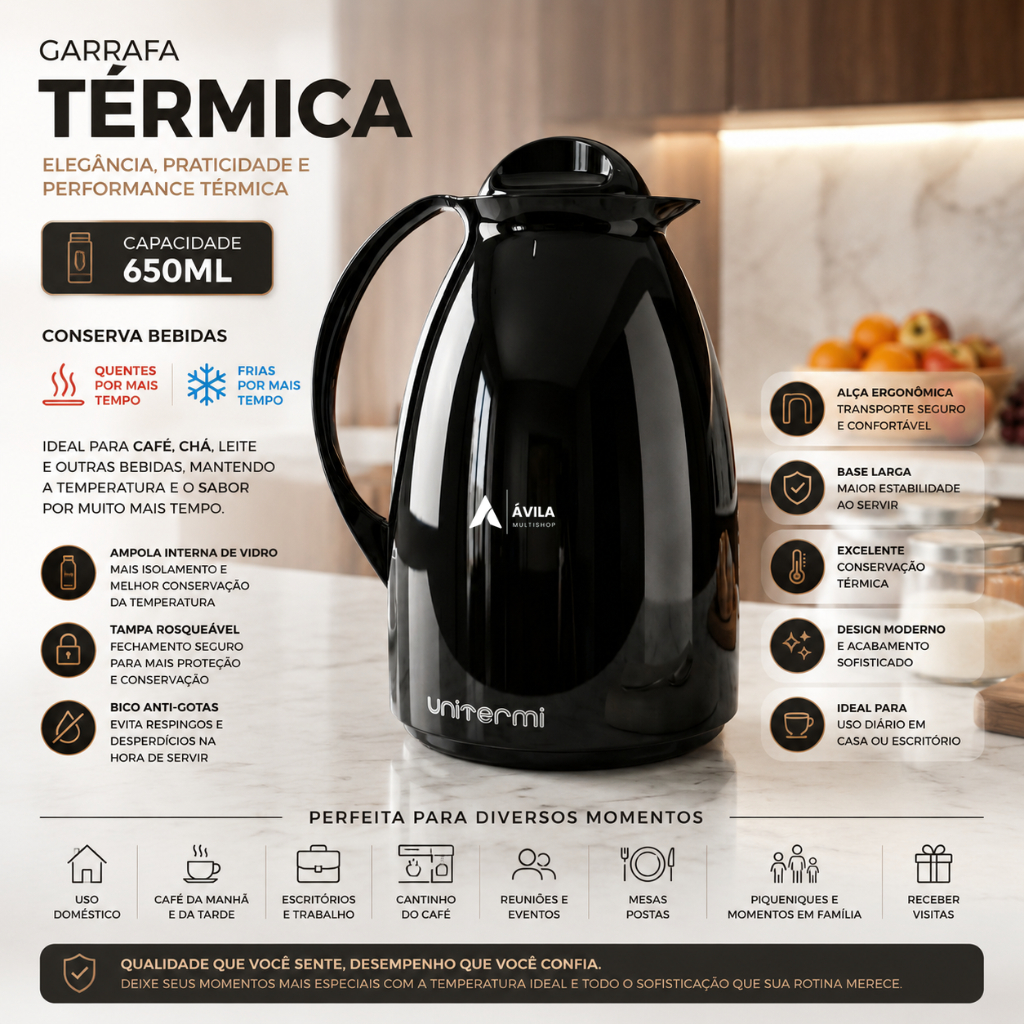 Garrafa Térmica 650mL Com Alça Para Café Chá Leite Água Chimarrão Tererê Escritório Cozinha Unitermi Florença