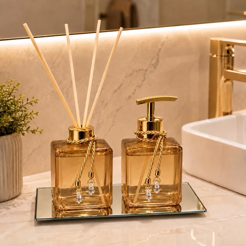 Kit Lavabo Pet Ambar Difusor de Varetas e Saboneteira Luxo Bandeja Banheiro Casa — imagem 1